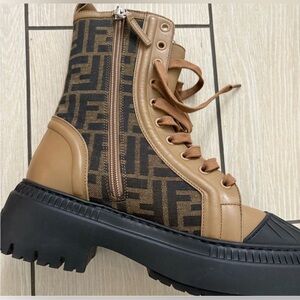 Fendi FF Canvas & Leather Combat Boots –Women’s Size 5 and 7– Brand New With Box